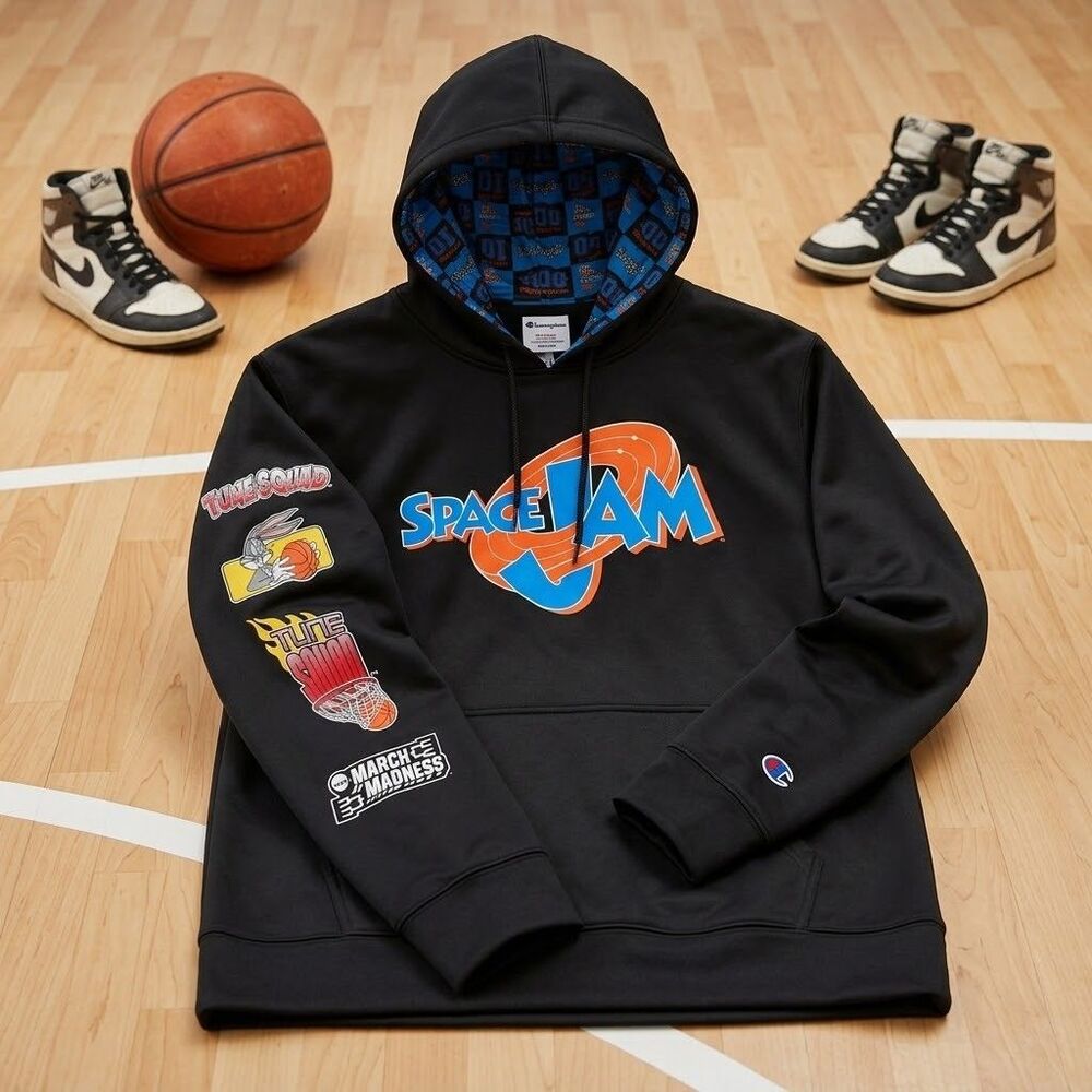Champion Space Jam March Madness Hoodie Black Fleece Hooded Men's L